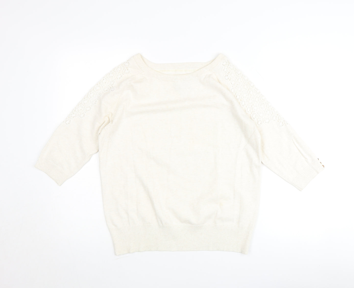 John Rocha Womens Ivory 3/4 Sleeve Lace Shoulder Pullover Jumper Size 16