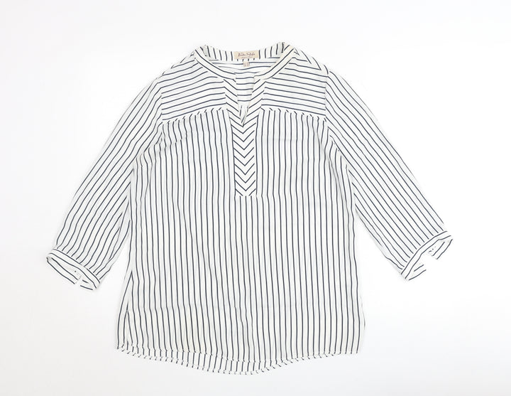 Tinta Style Women's White Striped V-Neck 3/4 Sleeve Tunic Blouse Size 10