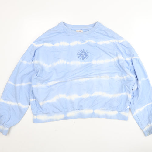 Pull & Bear Women's Blue Tie-Dye Sun Embroidered Pullover Jumper Size 14