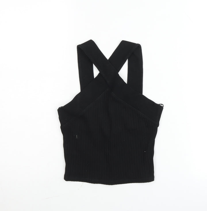 Zara Women Black Cropped Cotton Elastane Tank Top Size S