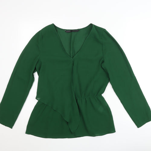 Zara Basic Women's Green V-Neck Wrap Blouse Long Sleeve Size S
