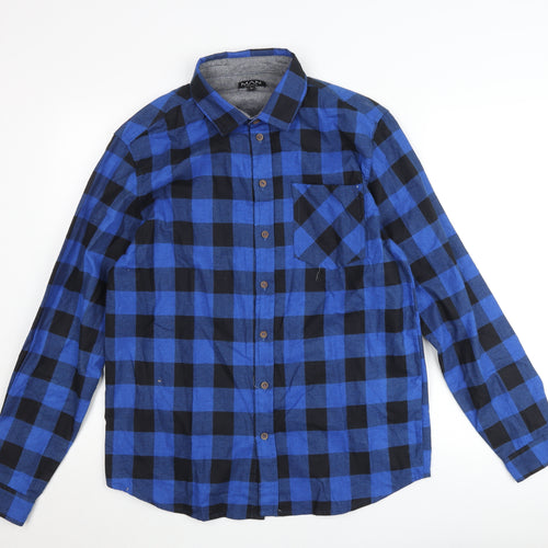 BoohooMAN Men's Blue Check Flannel Button-Up Shirt L