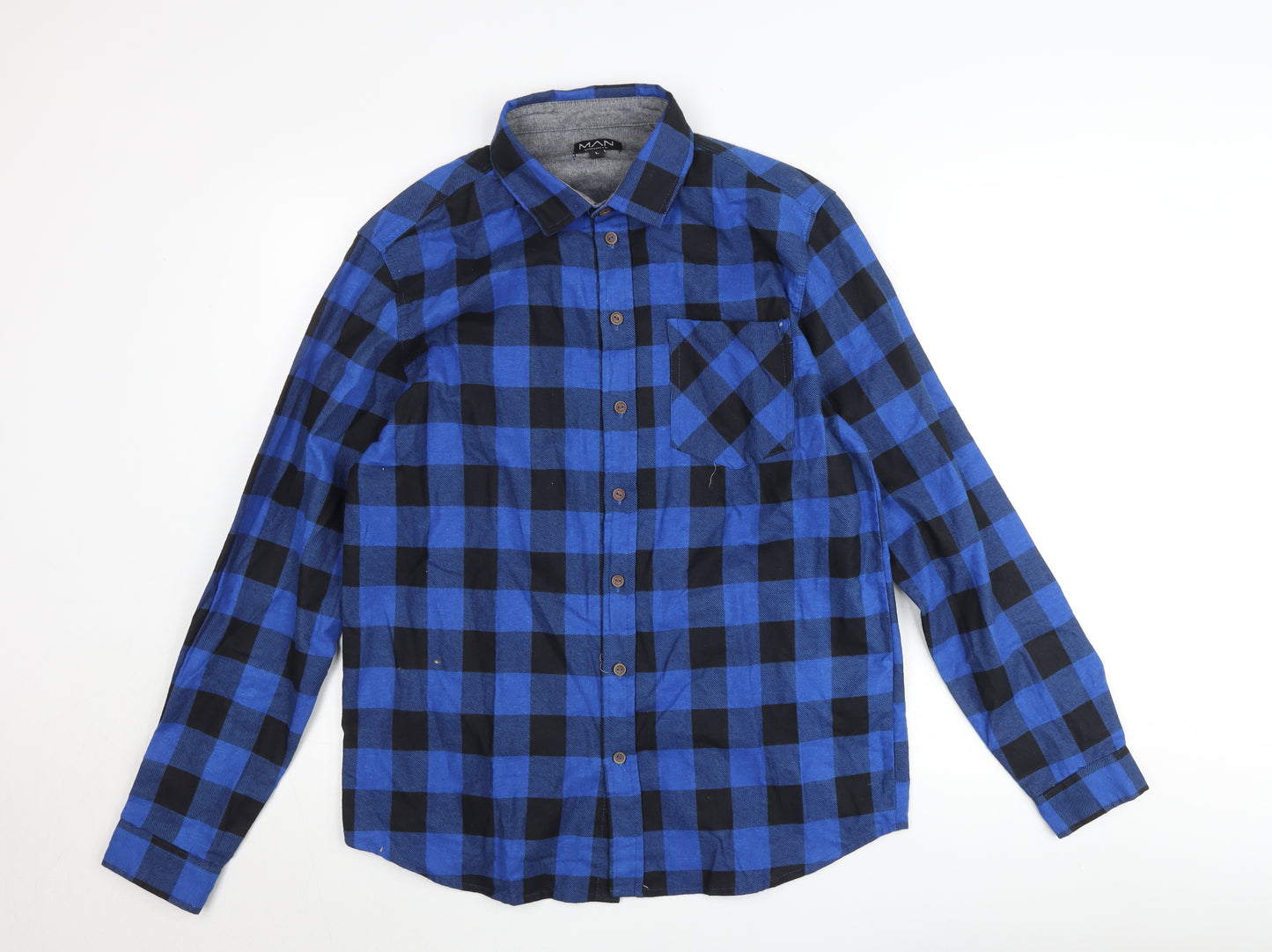 BoohooMAN Men's Blue Check Flannel Button-Up Shirt L