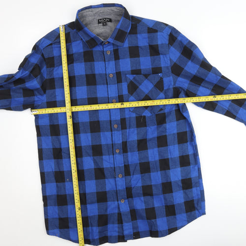 BoohooMAN Men's Blue Check Flannel Button-Up Shirt L