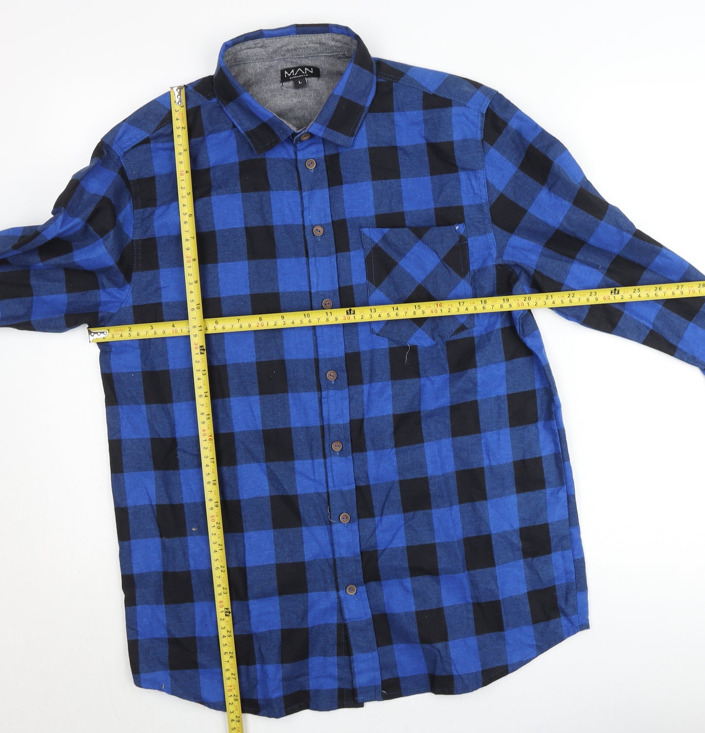 BoohooMAN Men's Blue Check Flannel Button-Up Shirt L