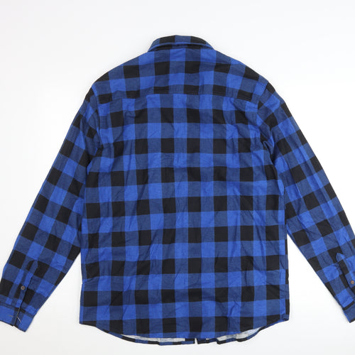 BoohooMAN Men's Blue Check Flannel Button-Up Shirt L