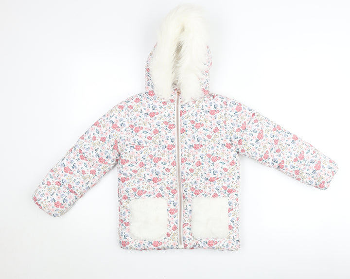 Primark Girls Multicoloured Floral Hooded Puffer Jacket 4-5 Years