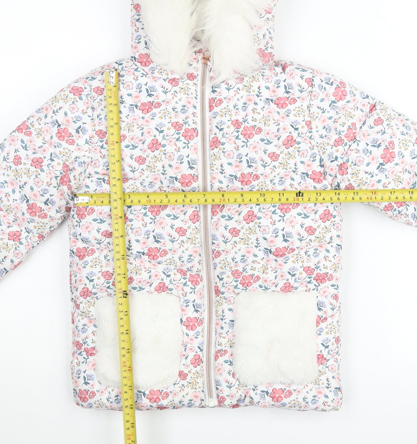 Primark Girls Multicoloured Floral Hooded Puffer Jacket 4-5 Years