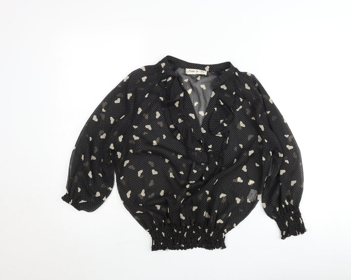 J'aime la Vie Women's Black Heart Print Wrap Blouse Size S