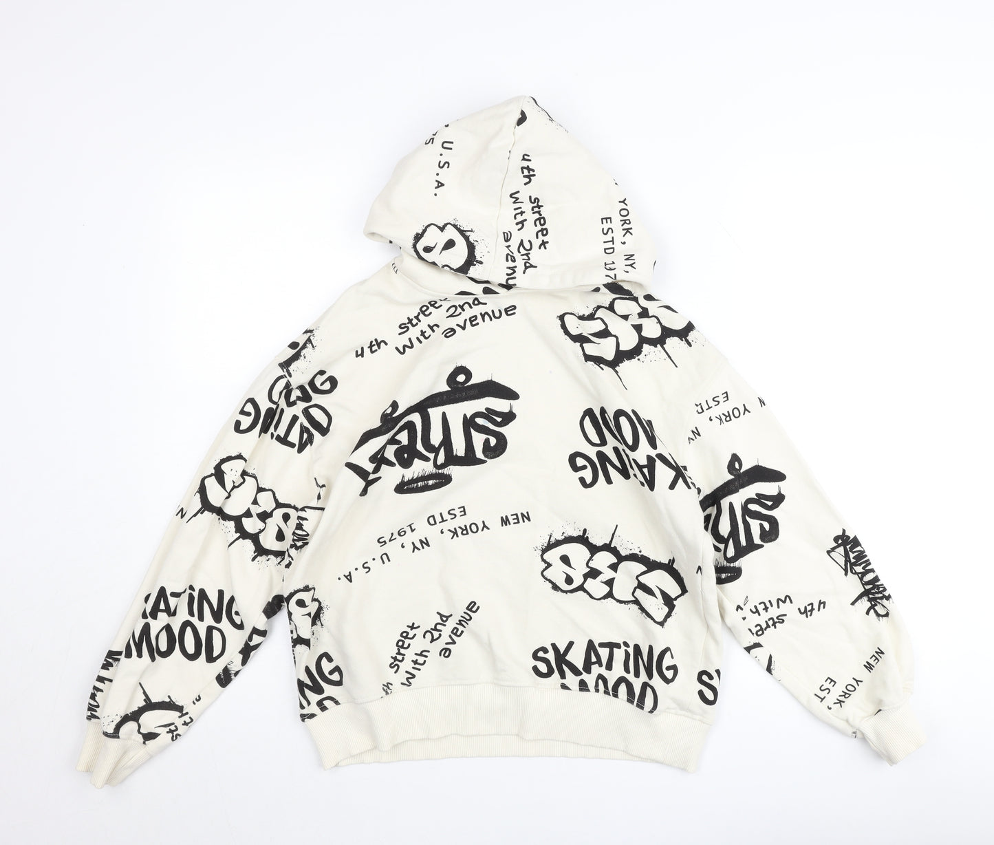 ZARA Boys White Graphic Print Pullover Hoodie 11-12 Years Skate Street Style
