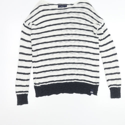 Superdry Women's White Striped Boat Neck Pullover Jumper Size S