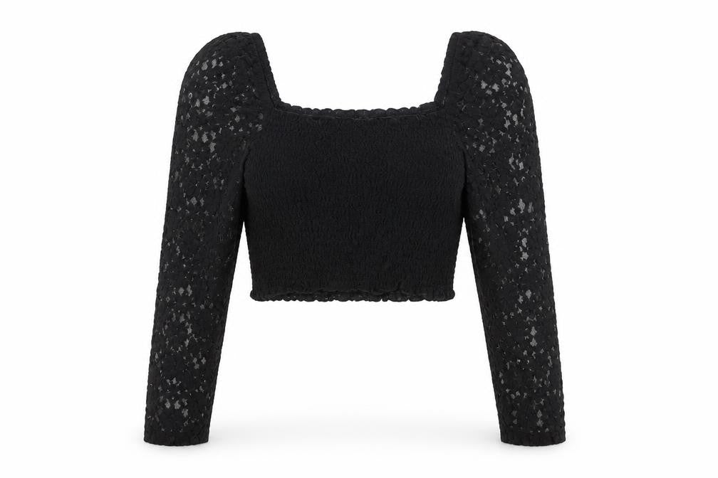 ASOS Women's Black Lace Cropped Puff Sleeve Blouse UK 10