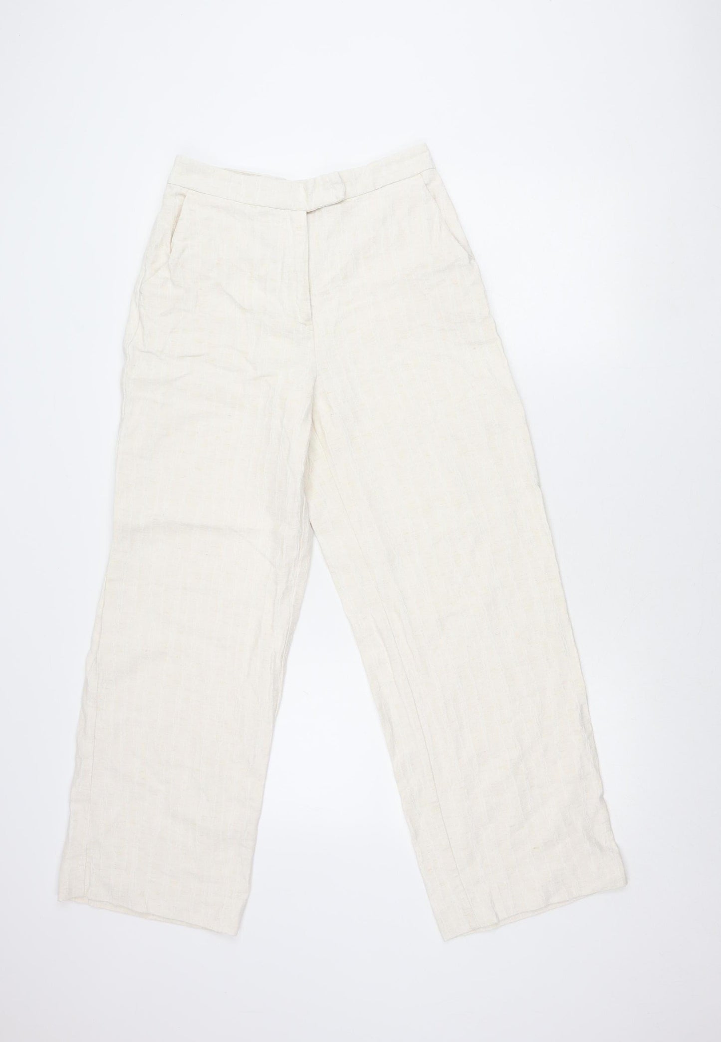 Zara Women Ivory Linen Blend Straight Leg Trousers Size Small