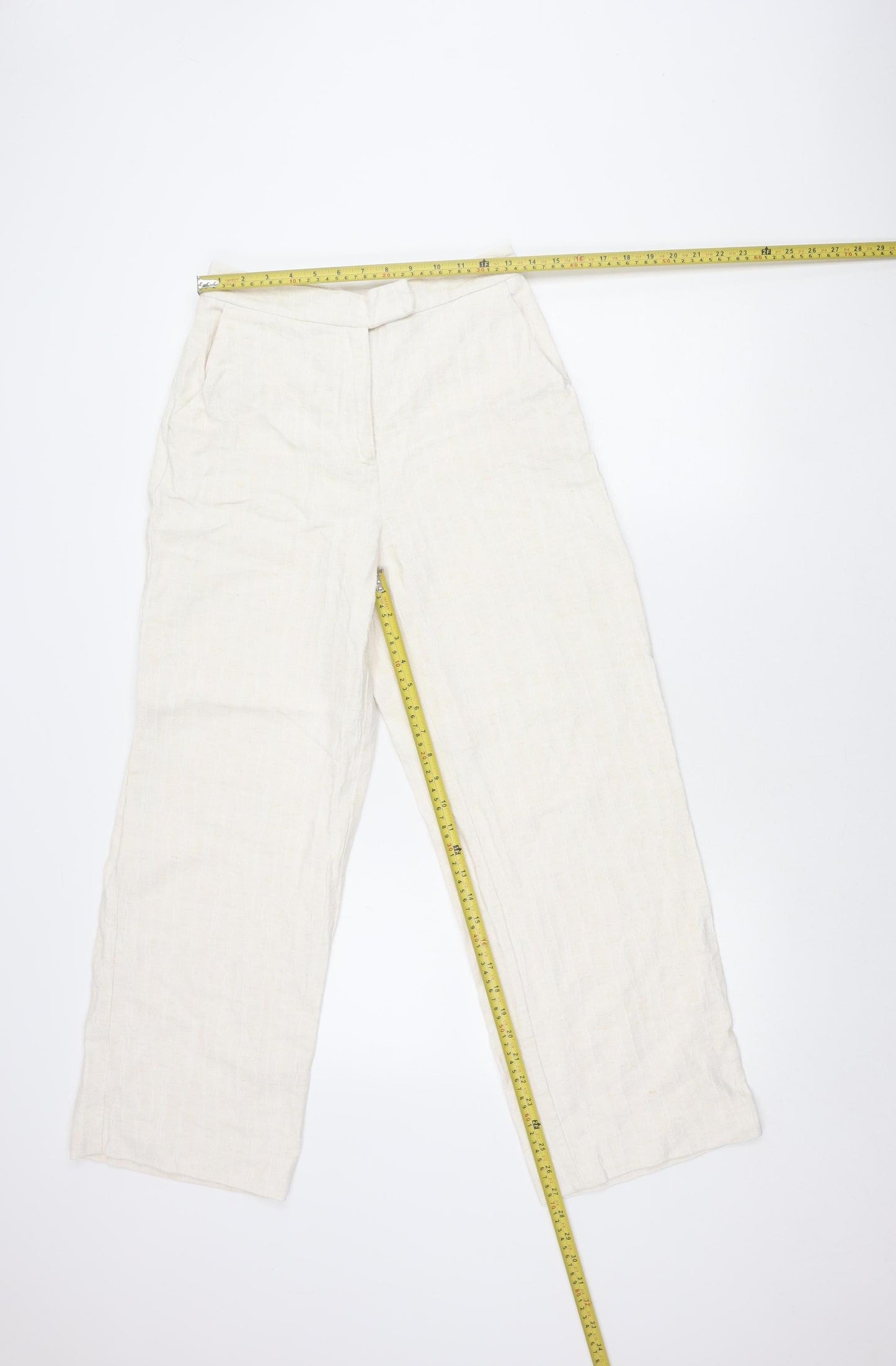 Zara Women Ivory Linen Blend Straight Leg Trousers Size Small