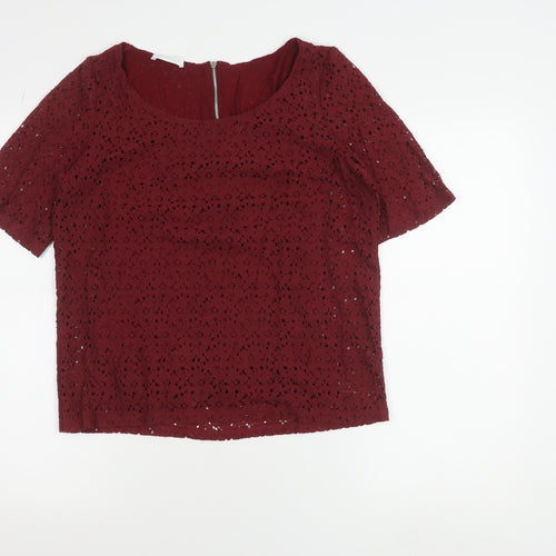 Promod Women’s Red Lace Cropped Blouse Size M Short Sleeve