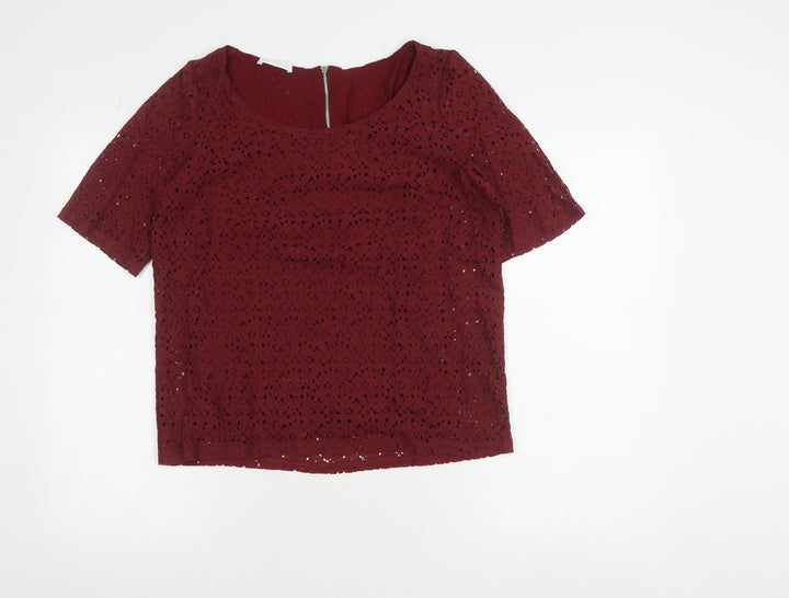 Promod Women’s Red Lace Cropped Blouse Size M Short Sleeve