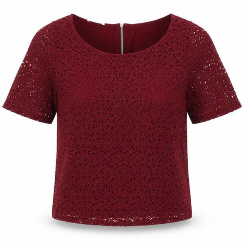 Promod Women’s Red Lace Cropped Blouse Size M Short Sleeve