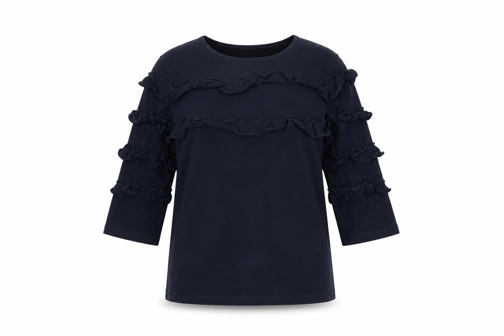 Savida Women's Navy Blue Ruffle 3/4 Sleeve T-Shirt Size S