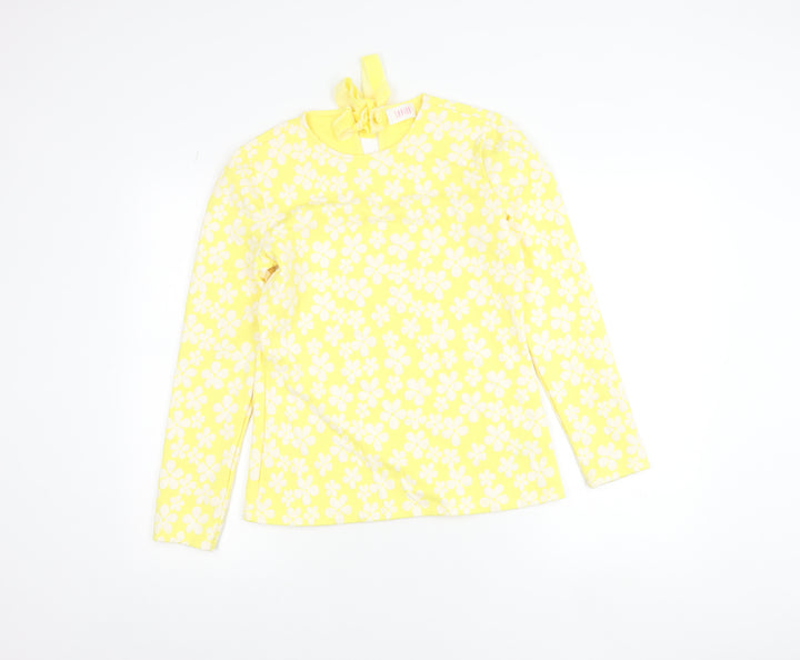 Savida Women's Yellow Floral Long Sleeve Bow Tie Jersey Top Size S