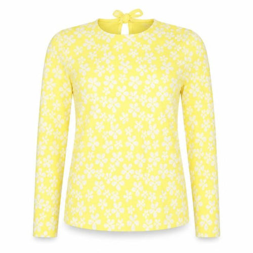 Savida Women's Yellow Floral Long Sleeve Bow Tie Jersey Top Size S