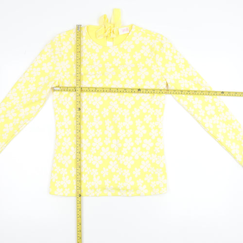 Savida Women's Yellow Floral Long Sleeve Bow Tie Jersey Top Size S