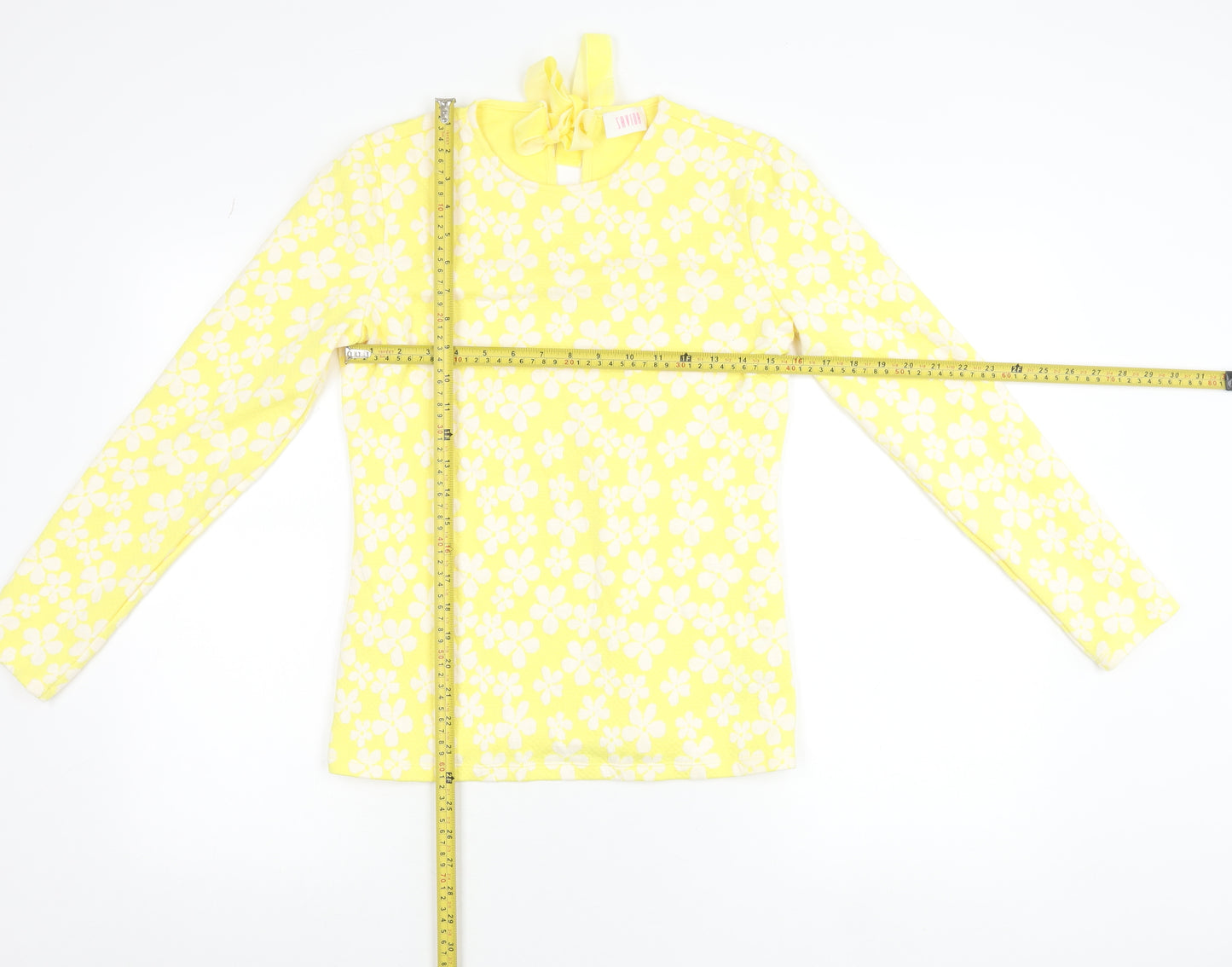 Savida Women's Yellow Floral Long Sleeve Bow Tie Jersey Top Size S