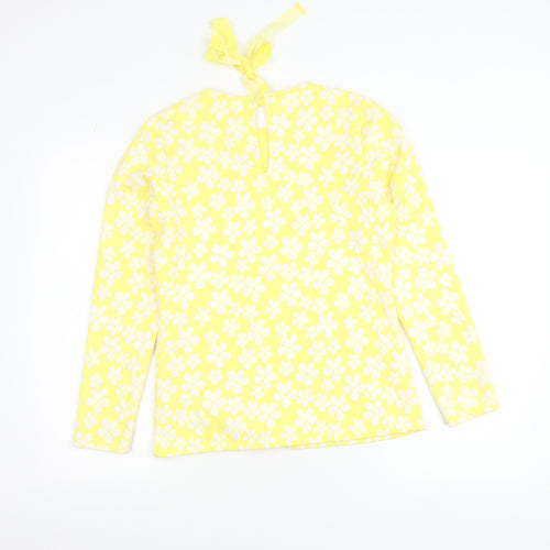 Savida Women's Yellow Floral Long Sleeve Bow Tie Jersey Top Size S