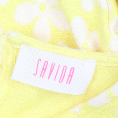 Savida Women's Yellow Floral Long Sleeve Bow Tie Jersey Top Size S