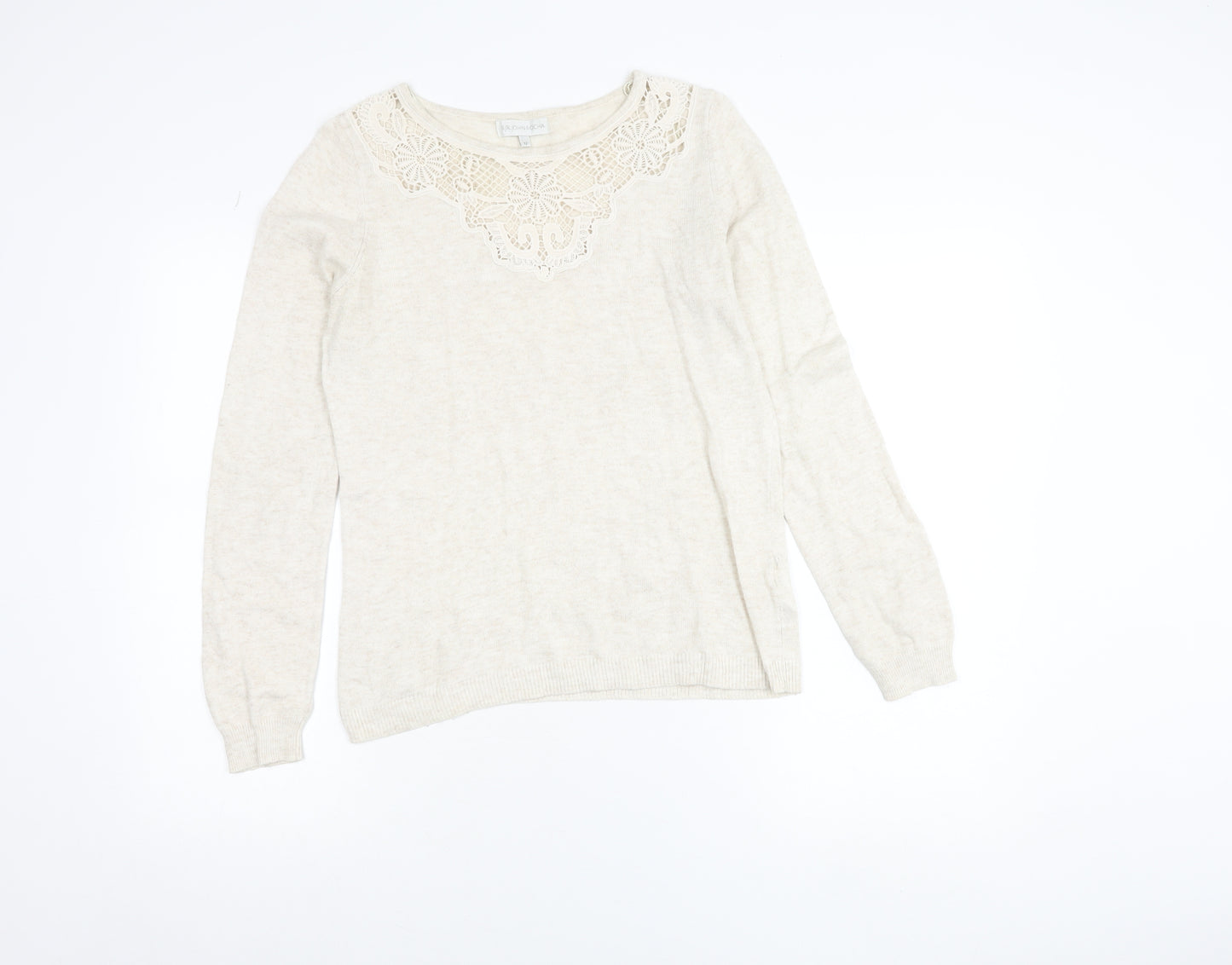 RJR John Rocha Women Beige Crochet Lace Knit Long Sleeve Blouse Size 12