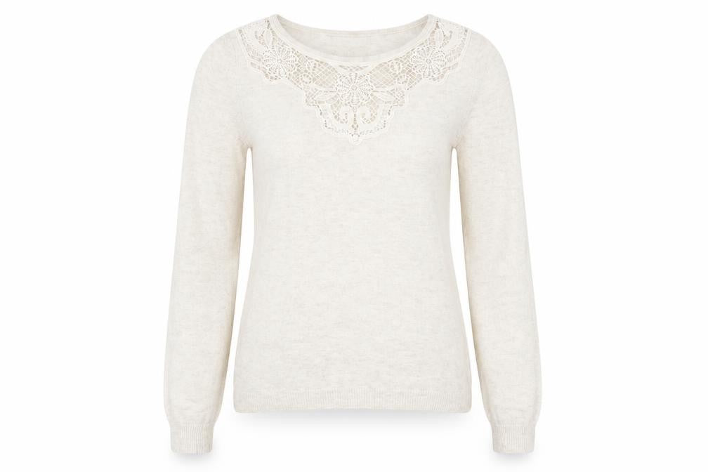 RJR John Rocha Women Beige Crochet Lace Knit Long Sleeve Blouse Size 12