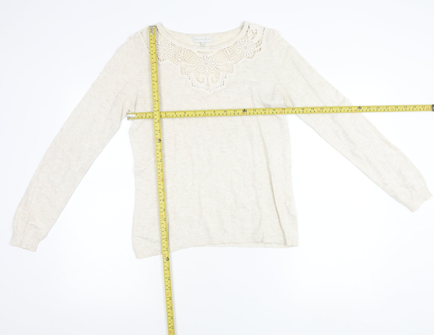 RJR John Rocha Women Beige Crochet Lace Knit Long Sleeve Blouse Size 12