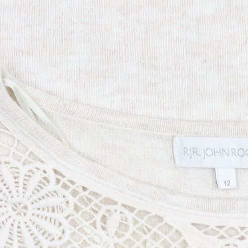 RJR John Rocha Women Beige Crochet Lace Knit Long Sleeve Blouse Size 12