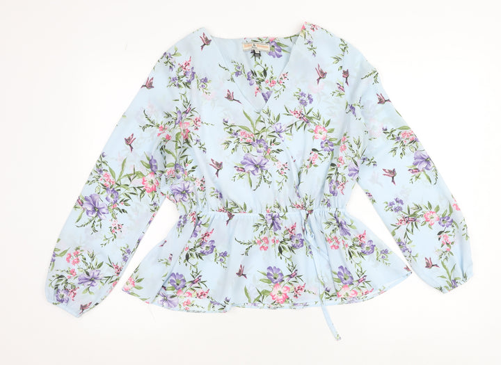 Billie & Blossom Petite Blue Floral Wrap Blouse Size 10