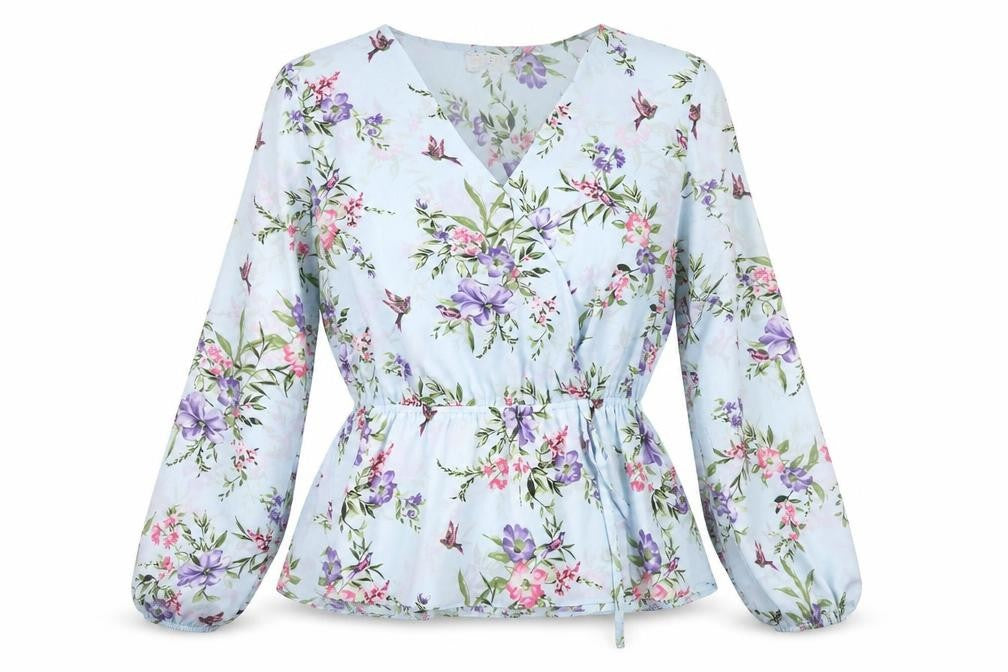 Front view of Billie & Blossom Petite Blue Floral Wrap Blouse, size 10