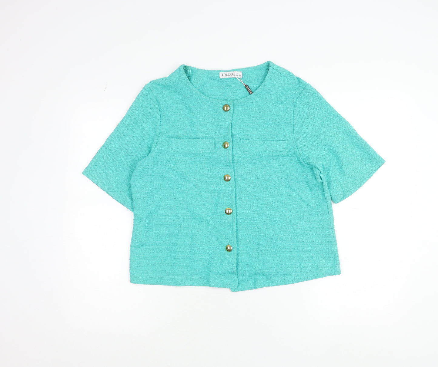 Gallery Womens Green Cropped Cotton Button-Up Short Sleeve Top Size S