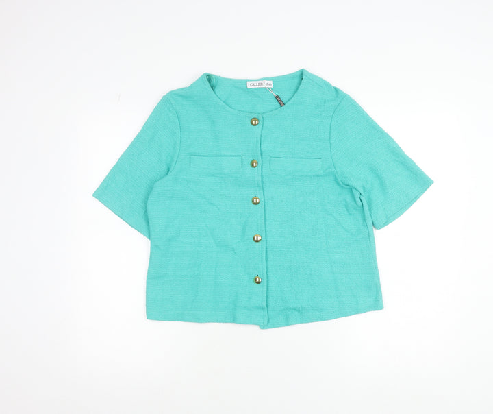 Gallery Womens Green Cropped Cotton Button-Up Short Sleeve Top Size S
