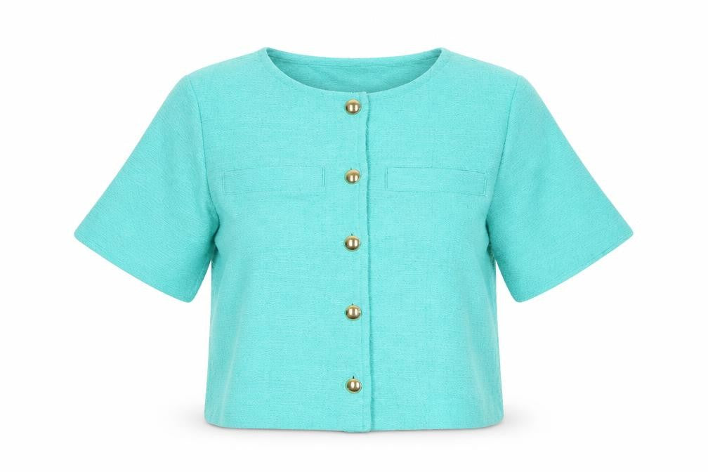 Front view of Gallery women’s green cropped cotton button-up short sleeve top, size S
