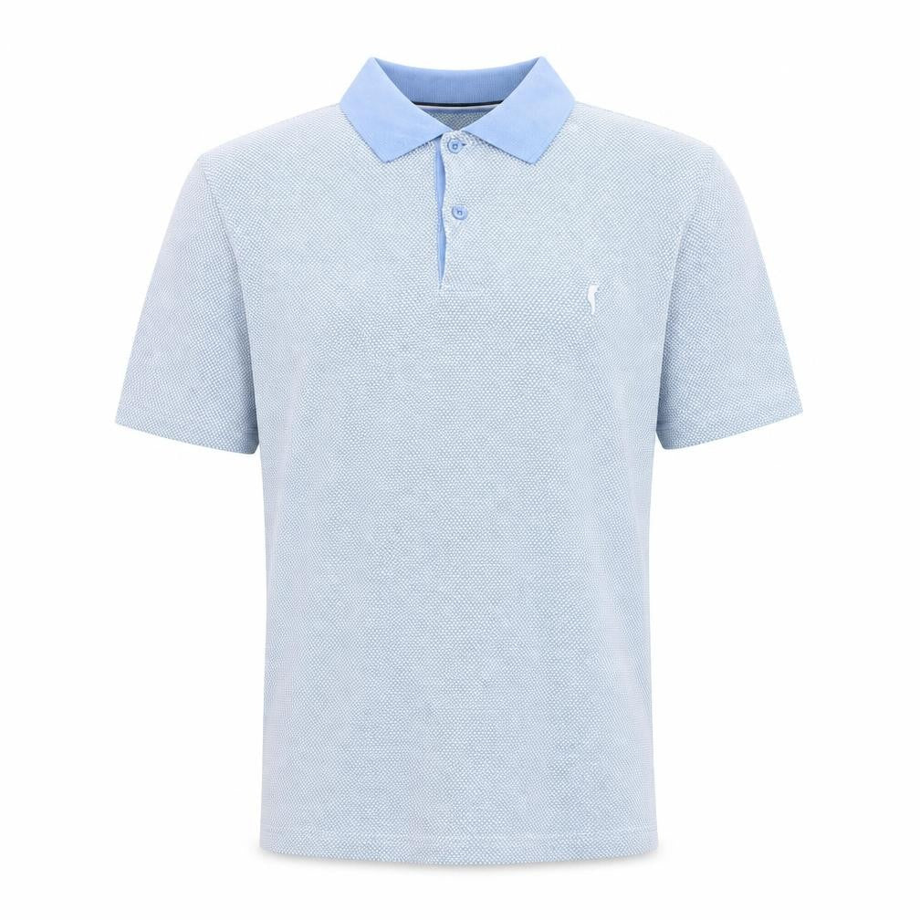 Front view of Golfino Men’s Blue Geometric Polo Shirt, size M, Polyamide Golf Top