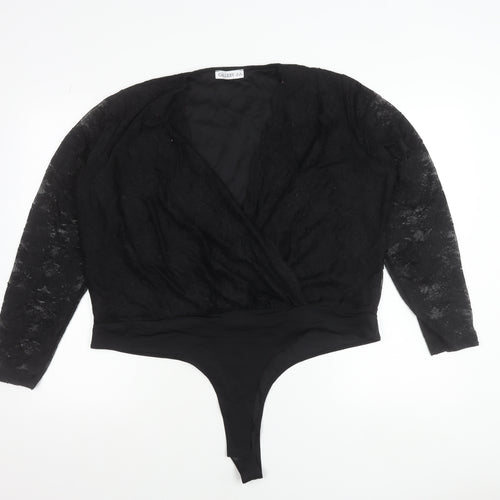 Gallery Women’s Black Lace Wrap Bodysuit Blouse XL Elegant Long Sleeve