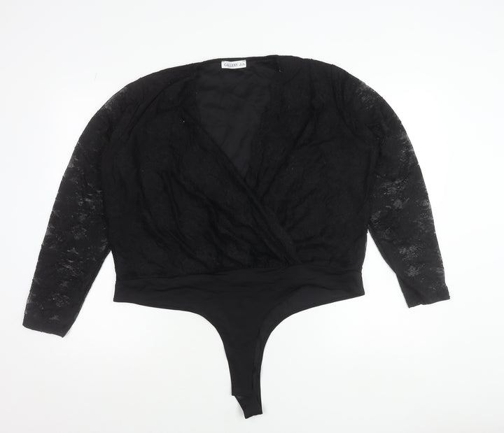 Gallery Women’s Black Lace Wrap Bodysuit Blouse XL Elegant Long Sleeve