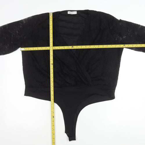 Gallery Women’s Black Lace Wrap Bodysuit Blouse XL Elegant Long Sleeve