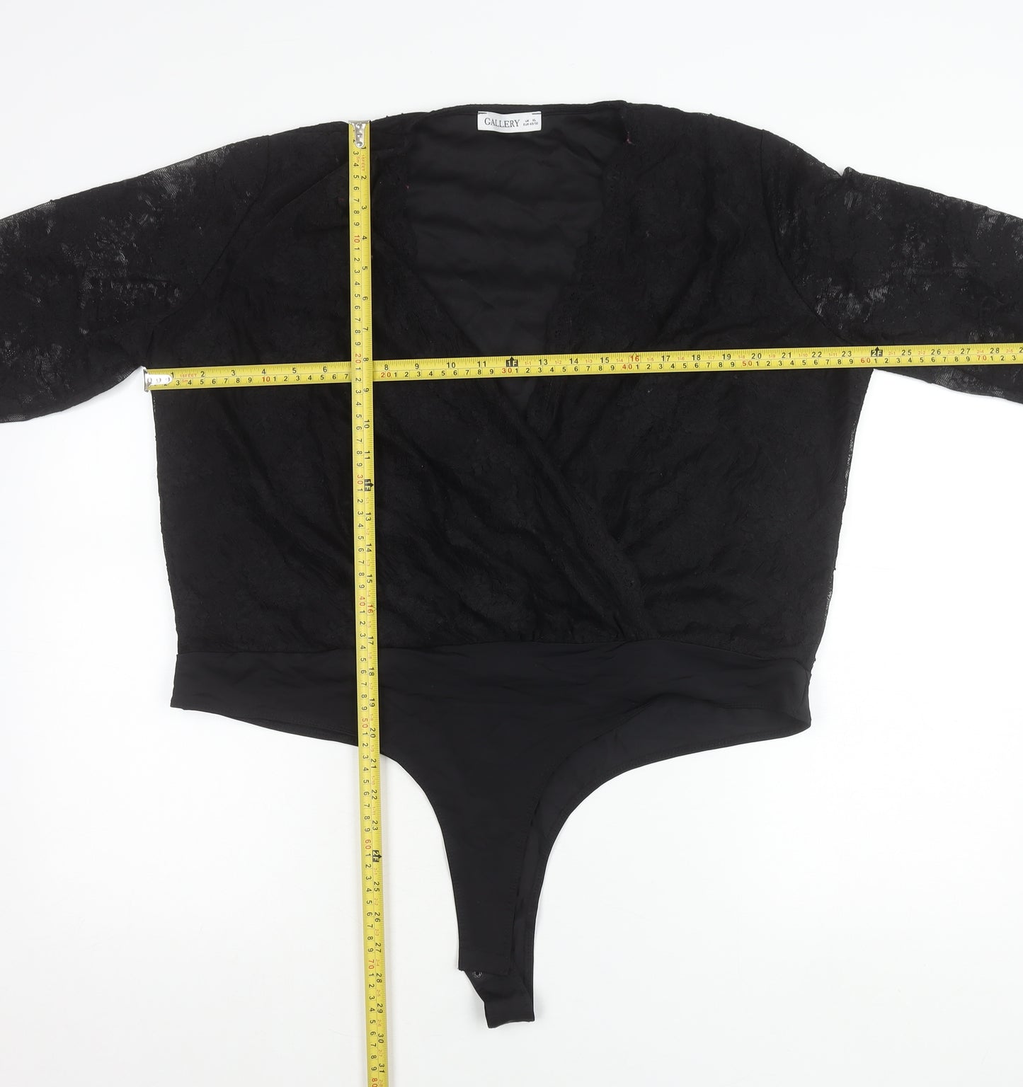 Gallery Women’s Black Lace Wrap Bodysuit Blouse XL Elegant Long Sleeve