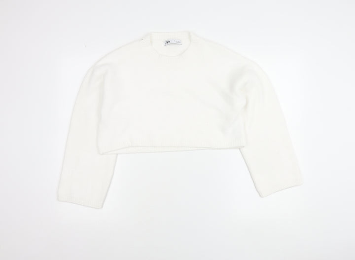 Zara Women White Crew Neck Knit Shrug Jumper Size L