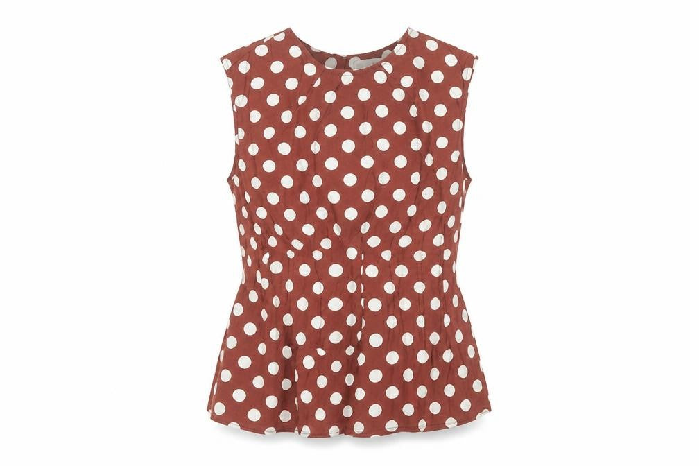 Front view of Gallery women’s brown polka dot sleeveless tunic blouse uk 10