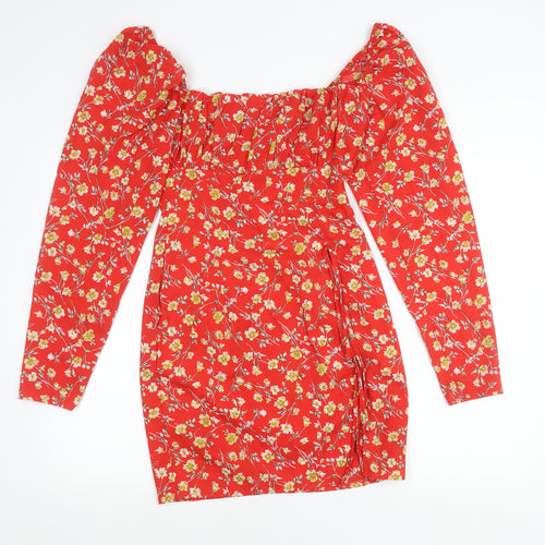 PrettyLittleThing Women's Red Floral Off Shoulder Bodycon Dress Size 8