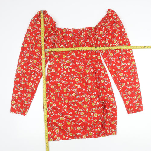 PrettyLittleThing Women's Red Floral Off Shoulder Bodycon Dress Size 8