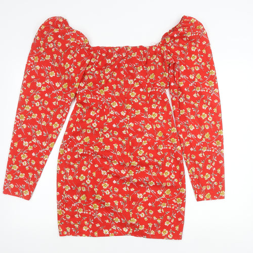 PrettyLittleThing Women's Red Floral Off Shoulder Bodycon Dress Size 8