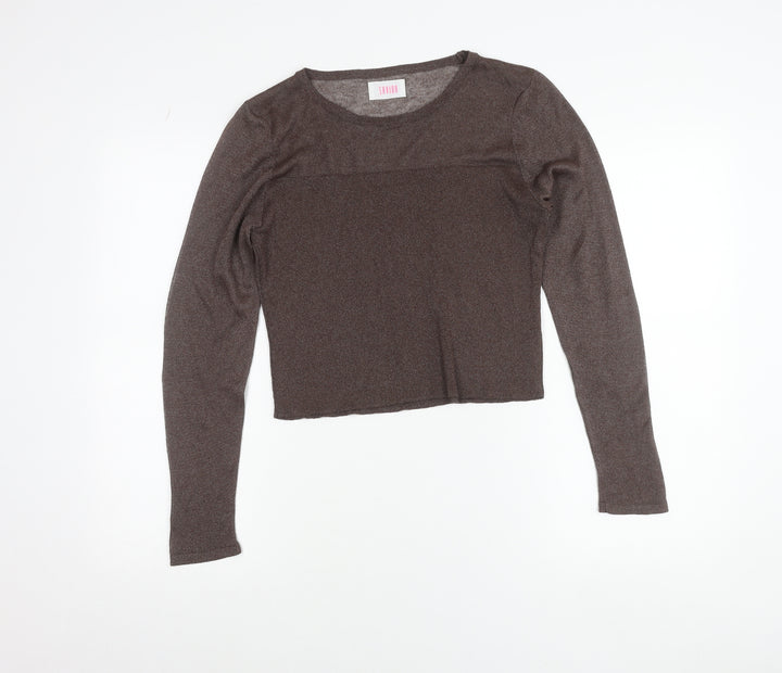 Savida Women Brown L Cropped Long Sleeve Knit Top