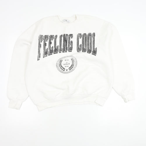 Bershka Women White Pullover Sweatshirt S Crew Neck Graphic Print 'Feeling Cool'