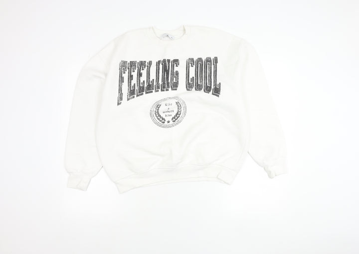 Bershka Women White Pullover Sweatshirt S Crew Neck Graphic Print 'Feeling Cool'